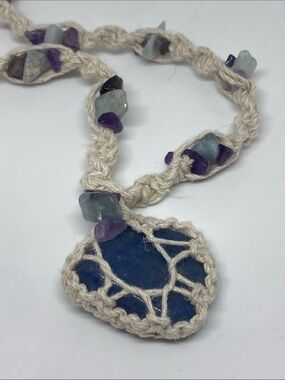 Handmade Blue Stone Macrame Necklace with Amethyst Accents